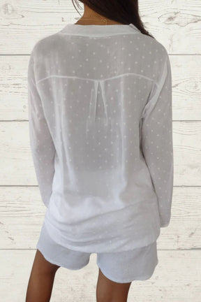 Blusa casual de linho com estampa de estrelas e bolso frontal feminino