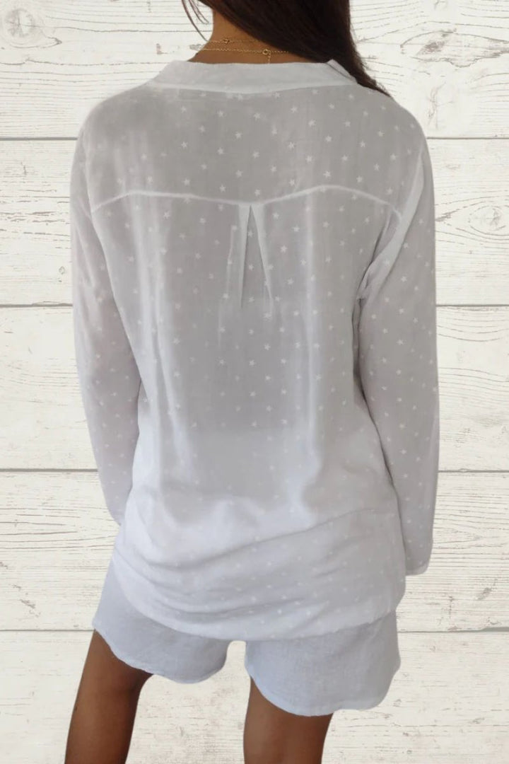 Blusa casual de linho com estampa de estrelas e bolso frontal feminino