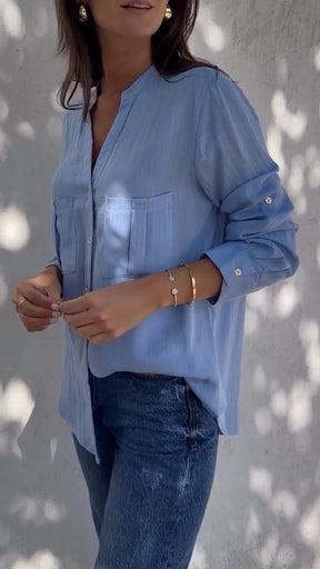 Camisa Casual de Algodão e Linho com Decote em V