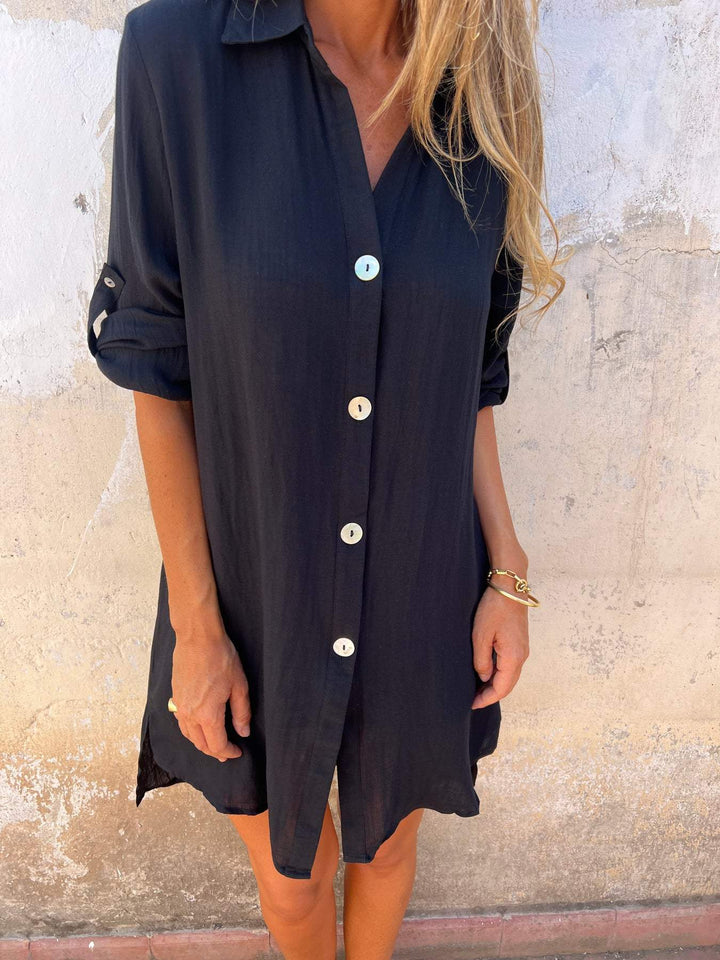 Camisa de Cor Sólida com Mangas 3/4 de Algodão e Linho