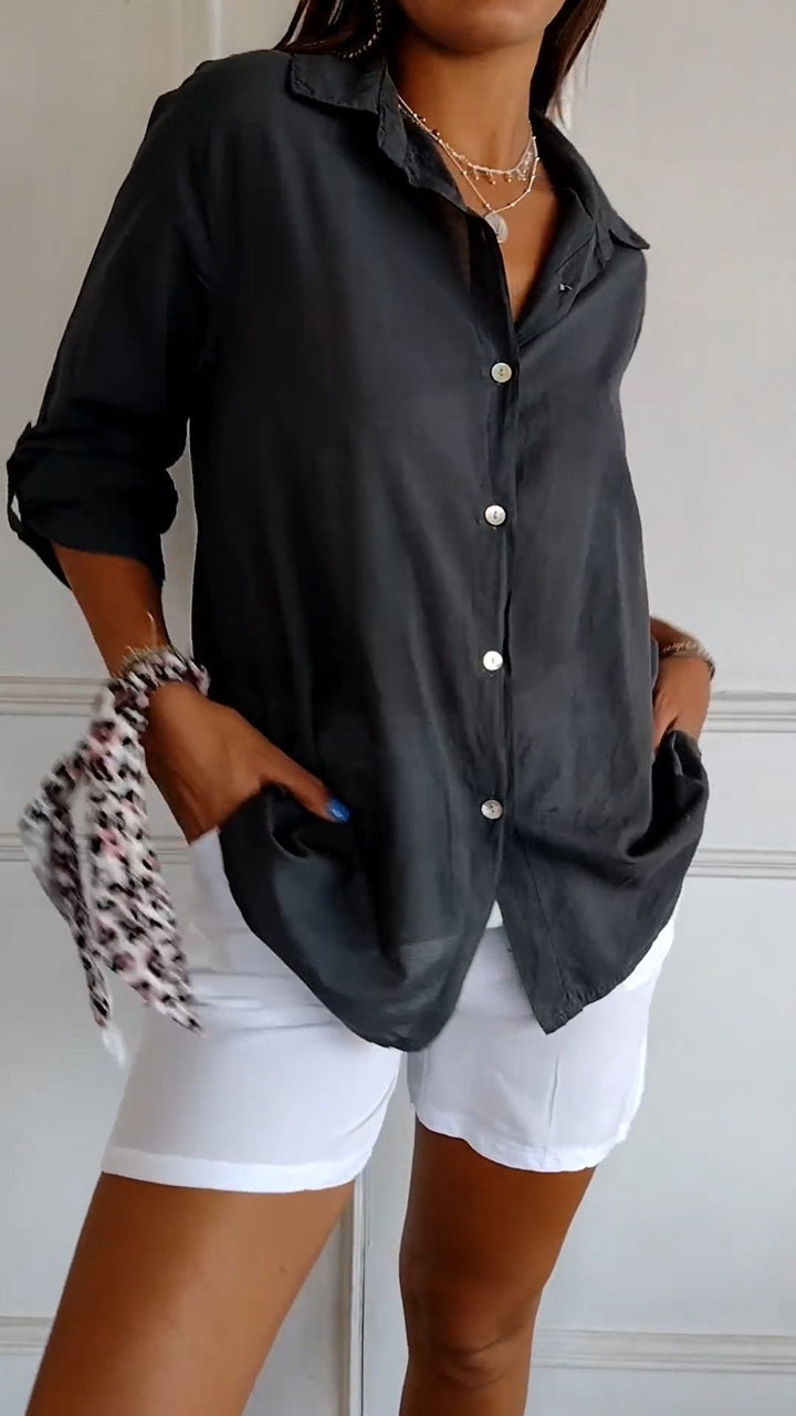 Camisa de Algodão e Linho com Lapela e Mangas 3/4