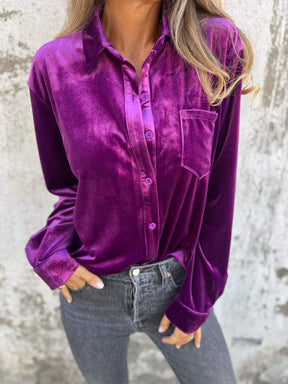 Camisa Casual de Veludo com Gola Lapela e Mangas Longas