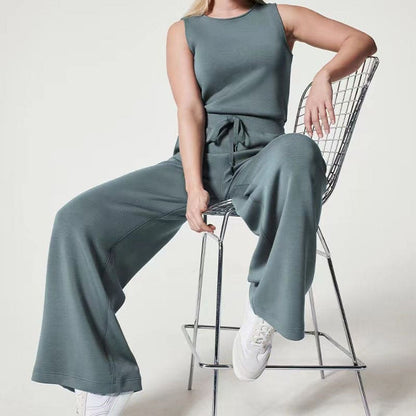 Macacão Casual Sem Mangas Calça De Perna Larga Com Bolsos