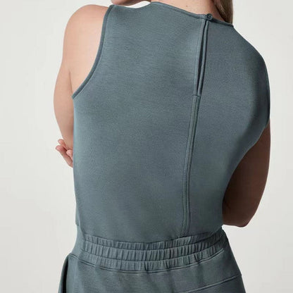 Macacão Casual Sem Mangas Calça De Perna Larga Com Bolsos