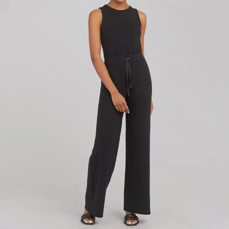 Macacão Casual Sem Mangas Calça De Perna Larga Com Bolsos