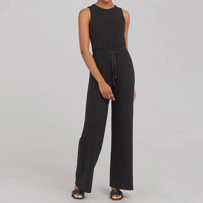 Macacão Casual Sem Mangas Calça De Perna Larga Com Bolsos