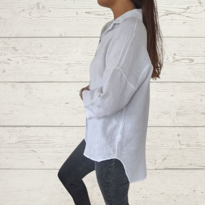 Camisa Feminina de Algodão e Linho com Botões de Cor Sólida