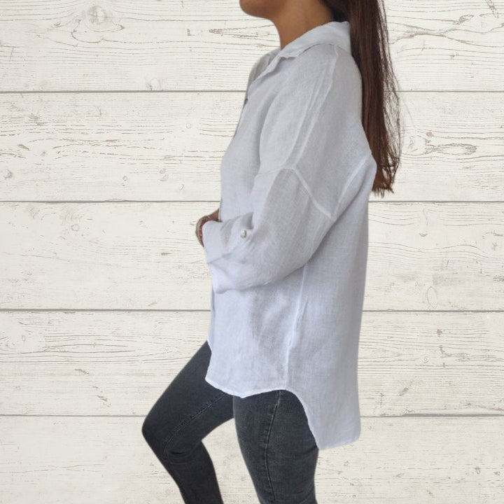 Camisa Feminina de Algodão e Linho com Botões de Cor Sólida