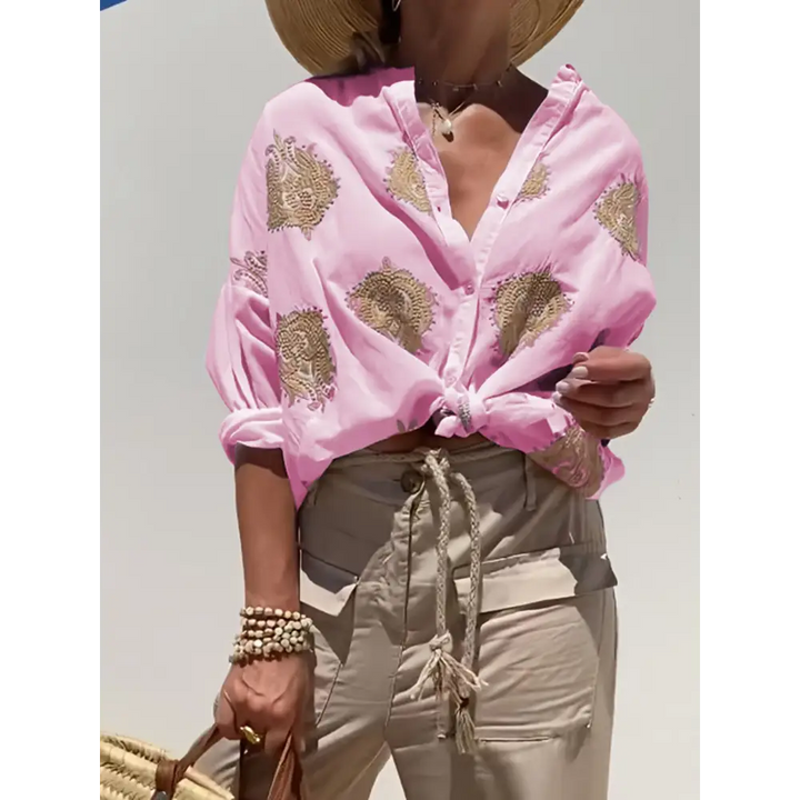 Top casual bordado de algodão e linho