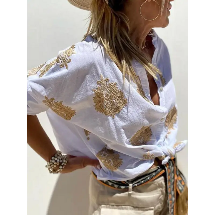 Top casual bordado de algodão e linho