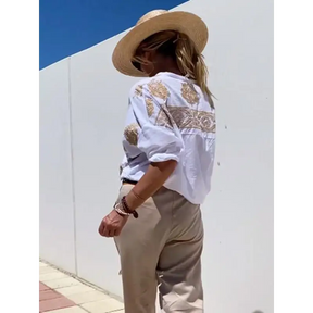Top casual bordado de algodão e linho