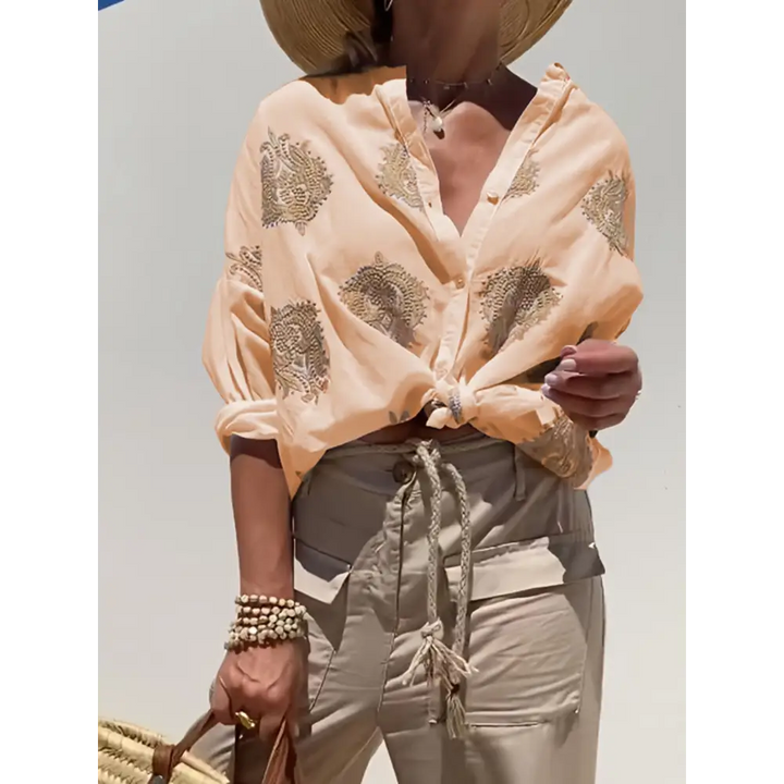 Top casual bordado de algodão e linho