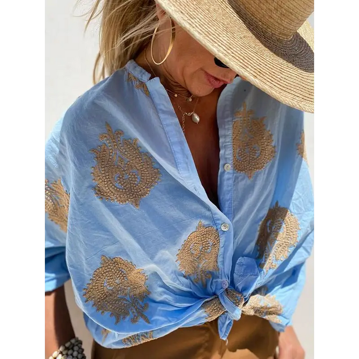 Top casual bordado de algodão e linho