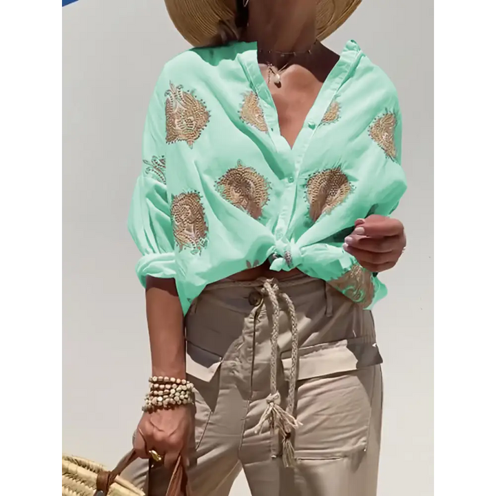 Top casual bordado de algodão e linho