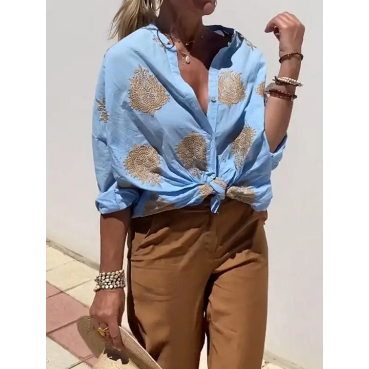 Top casual bordado de algodão e linho