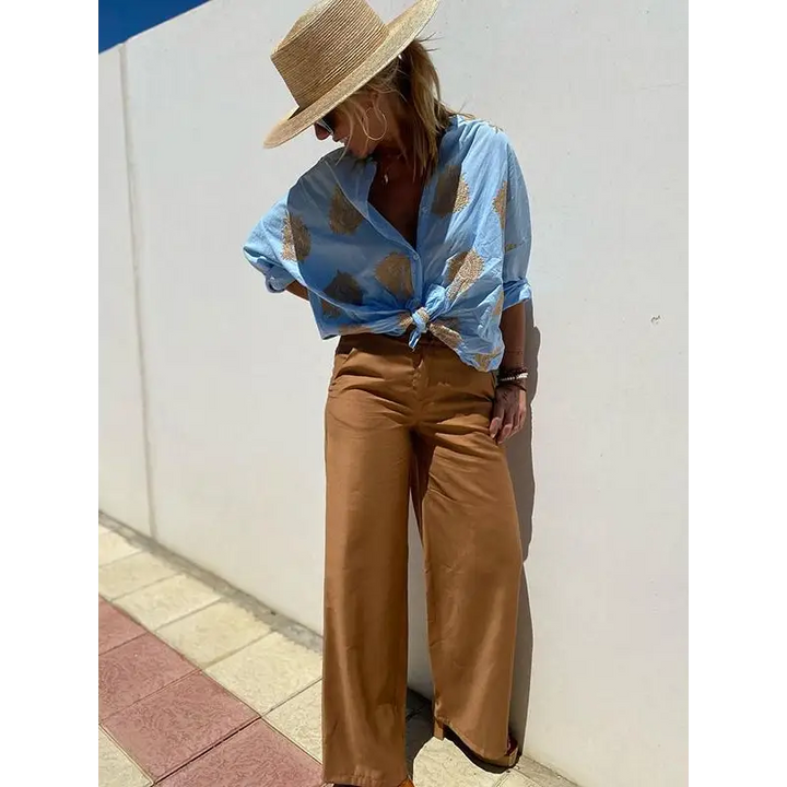 Top casual bordado de algodão e linho