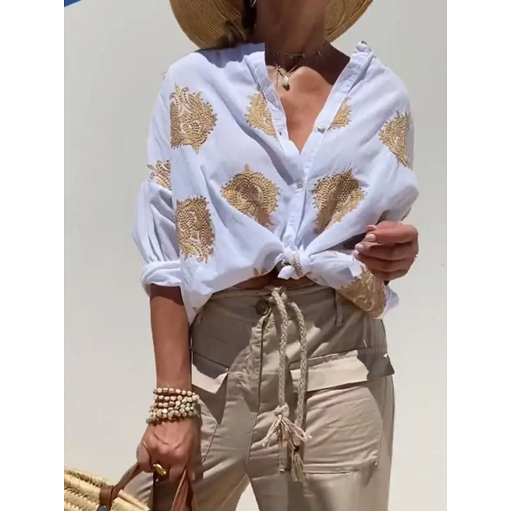 Top casual bordado de algodão e linho