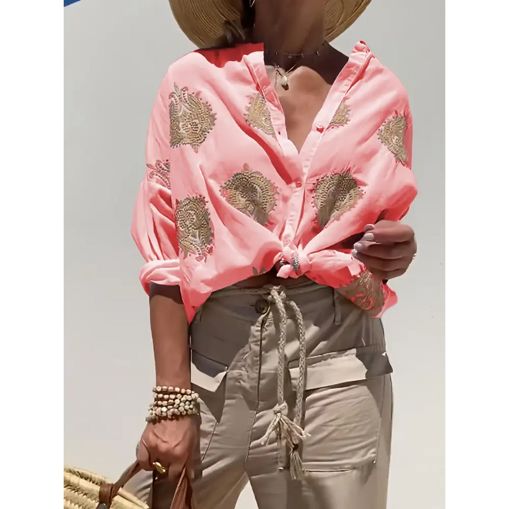 Top casual bordado de algodão e linho