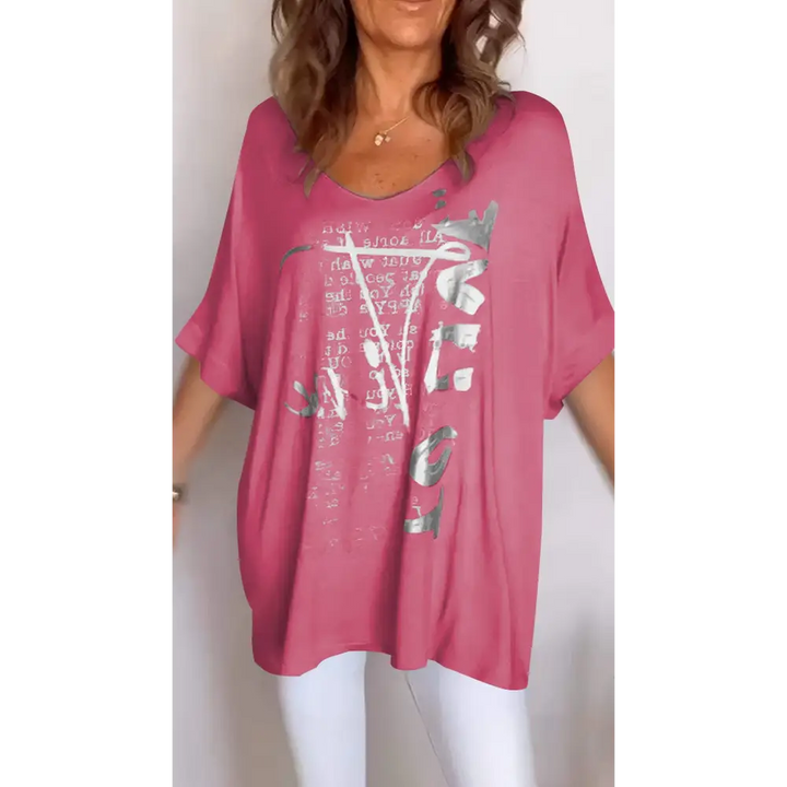 Top casual com decote em V estampa e mangas médias