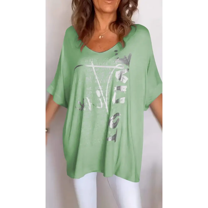 Top casual com decote em V estampa e mangas médias