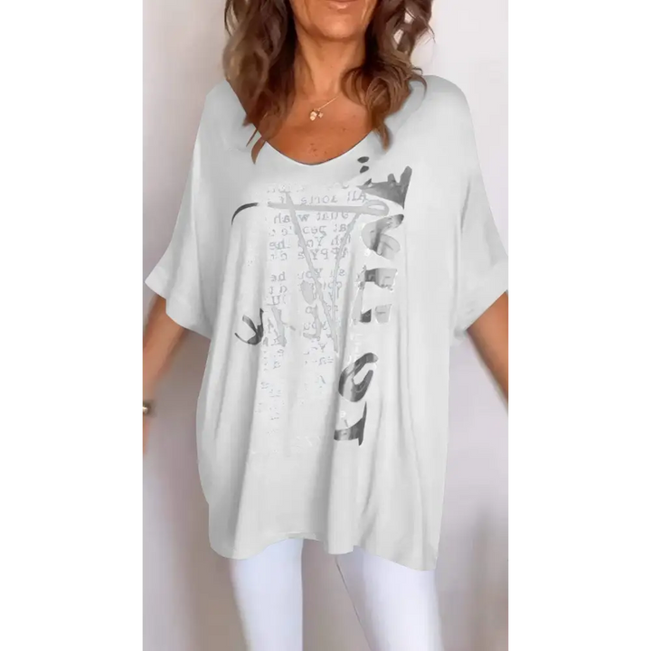 Top casual com decote em V estampa e mangas médias