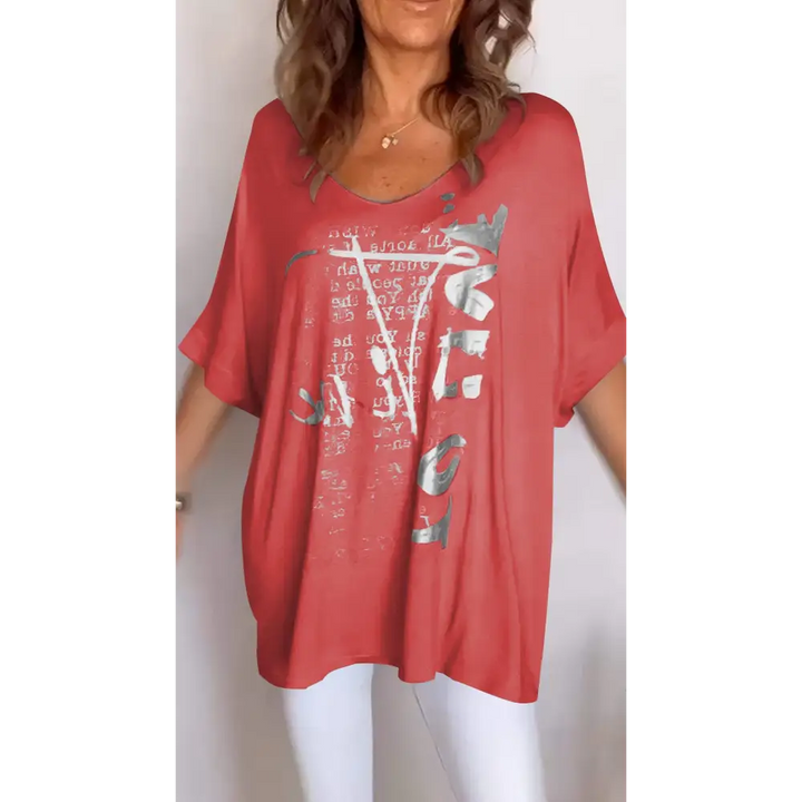 Top casual com decote em V estampa e mangas médias