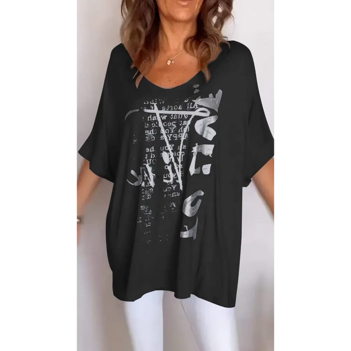 Top casual com decote em V estampa e mangas médias