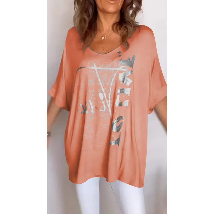 Top casual com decote em V estampa e mangas médias