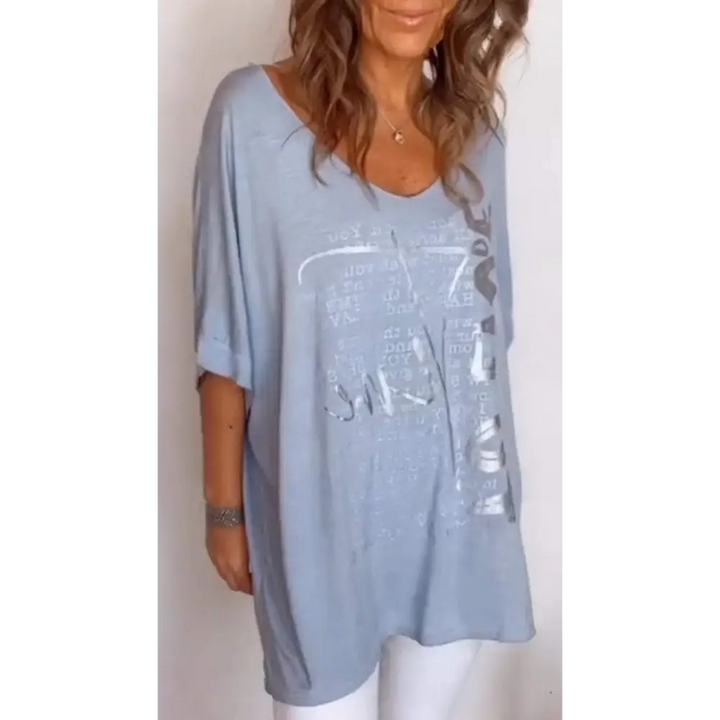 Top casual com decote em V estampa e mangas médias