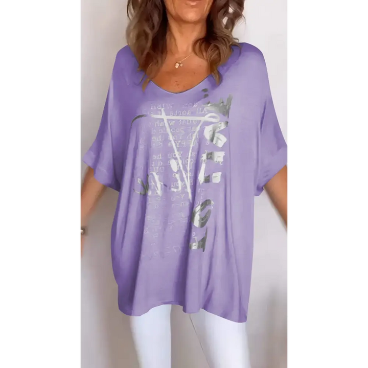 Top casual com decote em V estampa e mangas médias