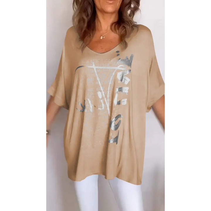 Top casual com decote em V estampa e mangas médias