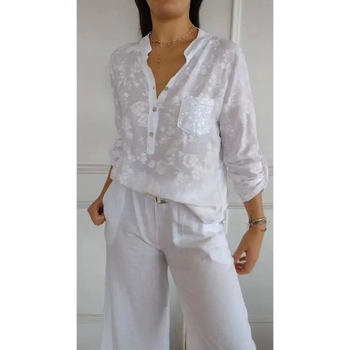 Top casual com decote em V mangas médias e estampa com lantejoulas