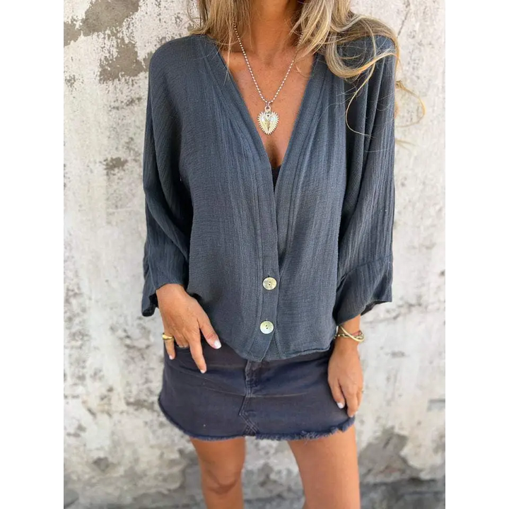 Top casual de algodão e linho com decote em V