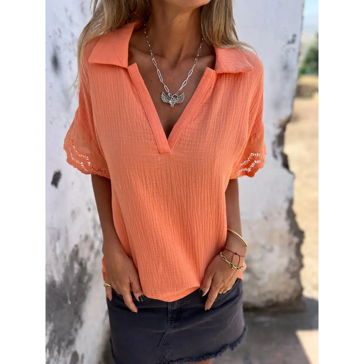 Top casual de algodão e linho com decote em V