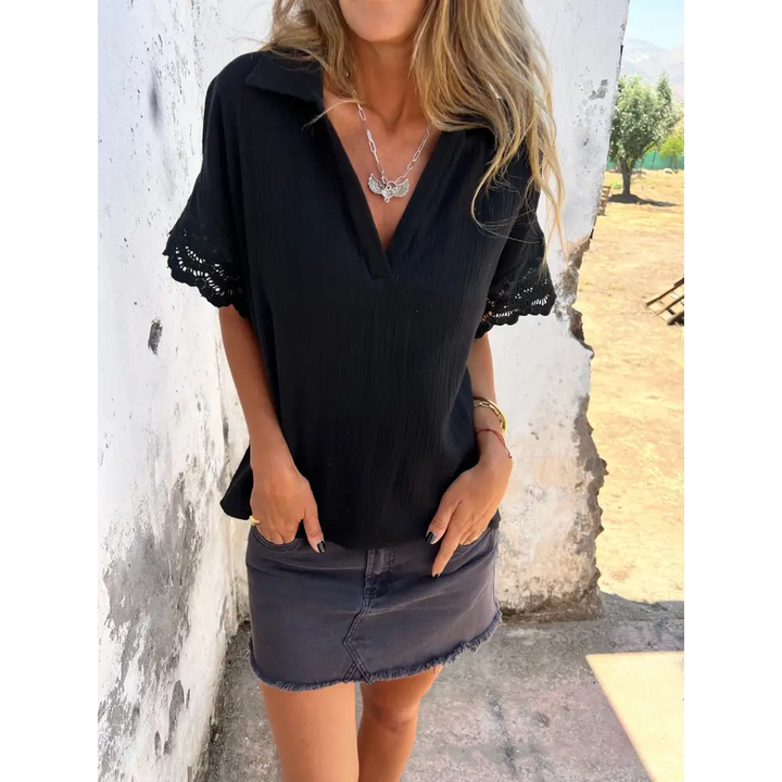 Top casual de algodão e linho com decote em V