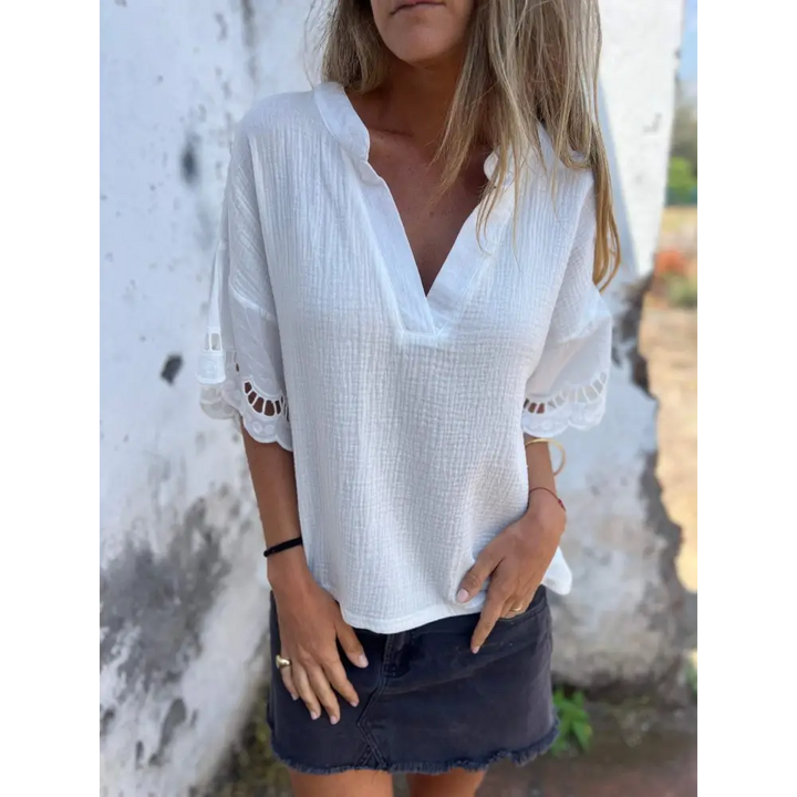 Top casual de algodão e linho com decote em V