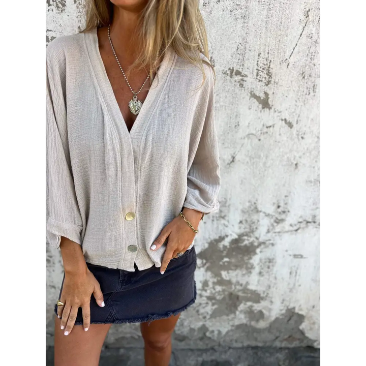 Top casual de algodão e linho com decote em V