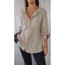 Top Casual de Algodão e Linho com Gola Redonda e Mangas 3/4