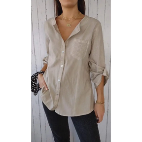 Top Casual de Algodão e Linho com Gola Redonda e Mangas 3/4