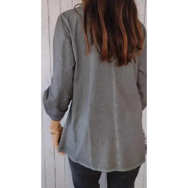 Top Casual de Algodão e Linho com Gola Redonda e Mangas 3/4