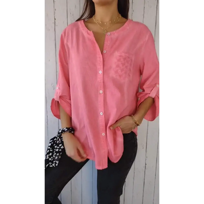 Top Casual de Algodão e Linho com Gola Redonda e Mangas 3/4