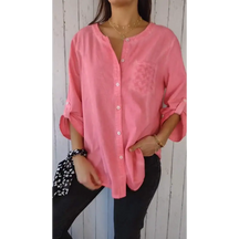 Top Casual de Algodão e Linho com Gola Redonda e Mangas 3/4