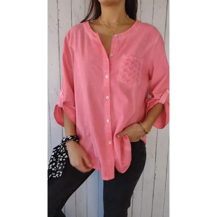 Top Casual de Algodão e Linho com Gola Redonda e Mangas 3/4