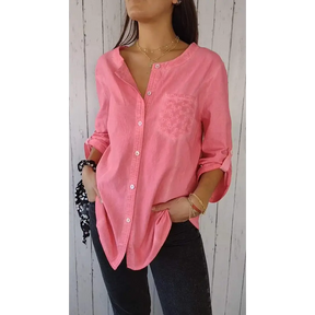Top Casual de Algodão e Linho com Gola Redonda e Mangas 3/4