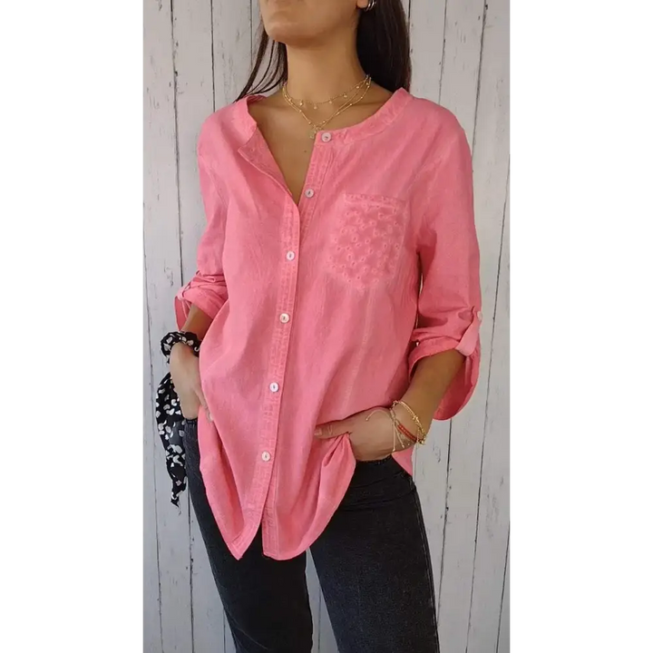 Top Casual de Algodão e Linho com Gola Redonda e Mangas 3/4