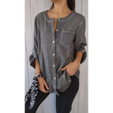 Top Casual de Algodão e Linho com Gola Redonda e Mangas 3/4
