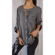 Top Casual de Algodão e Linho com Gola Redonda e Mangas 3/4