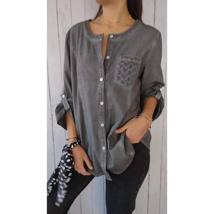 Top Casual de Algodão e Linho com Gola Redonda e Mangas 3/4