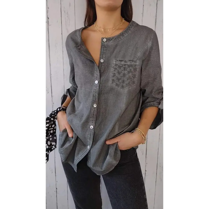 Top Casual de Algodão e Linho com Gola Redonda e Mangas 3/4