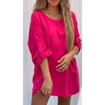 Top Casual de Algodão e Linho de Cor Sólida com Gola Redonda e Mangas 3/4